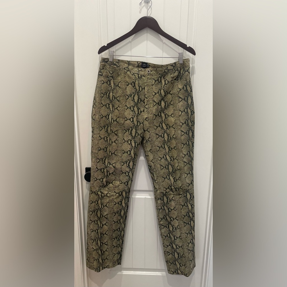 Steve Madden Snake-Print 100% Leather Pants in Olive and Brown